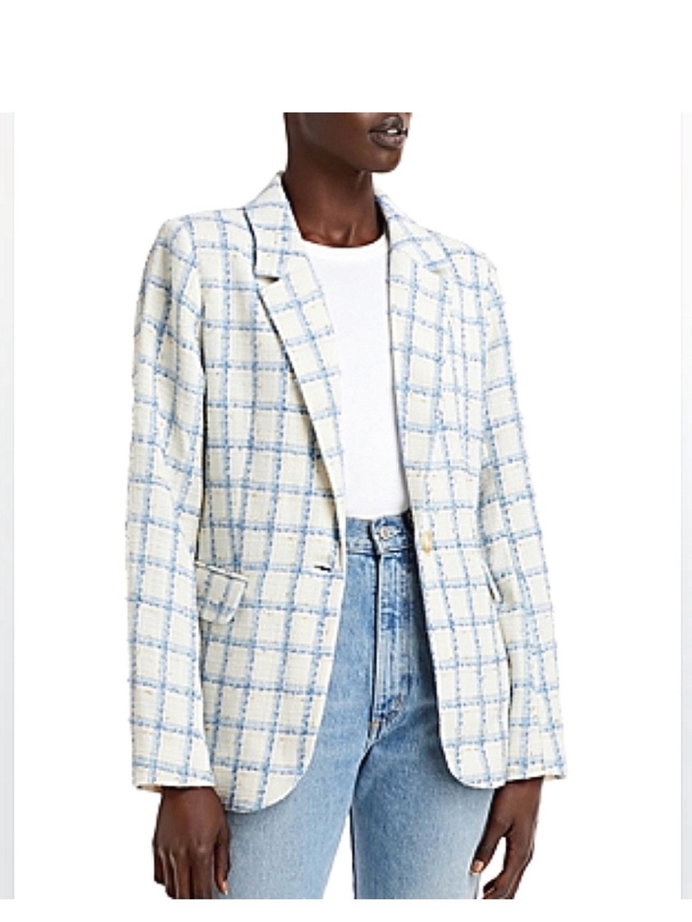 Aqua Cream and Light Blue Windowpane Tweed Blazer